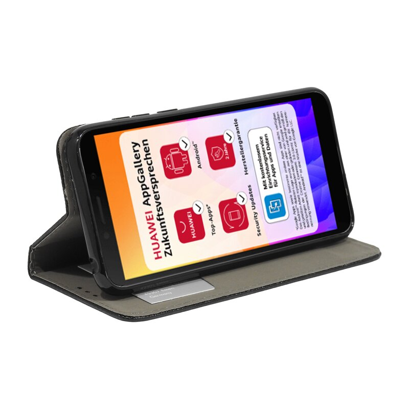 Ein Smartphone in einer Hülle, der Bildschirm zeigt eine Anzeige. Die Hülle ist schwarz und grau. Text: Huawei AppGallery.