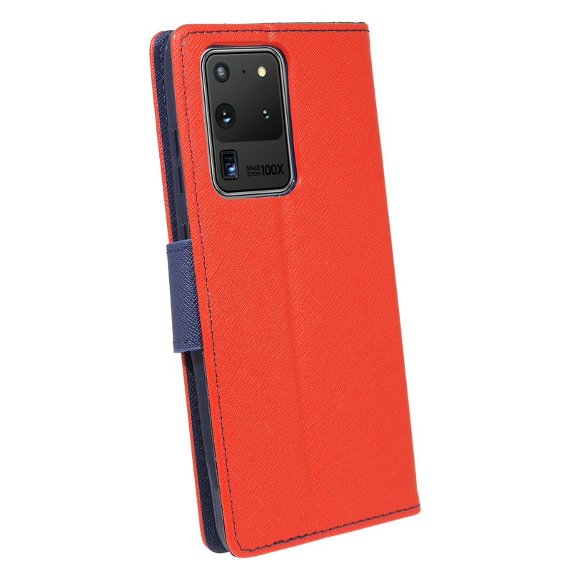 Rotes Handycase, geschlossen, mit blauem Detail, angewinkelte Ansicht.