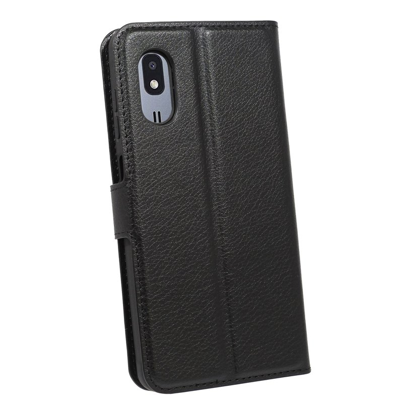 Schwarze Handyhülle mit Telefon und schwarzem Riemen zum Schließen.