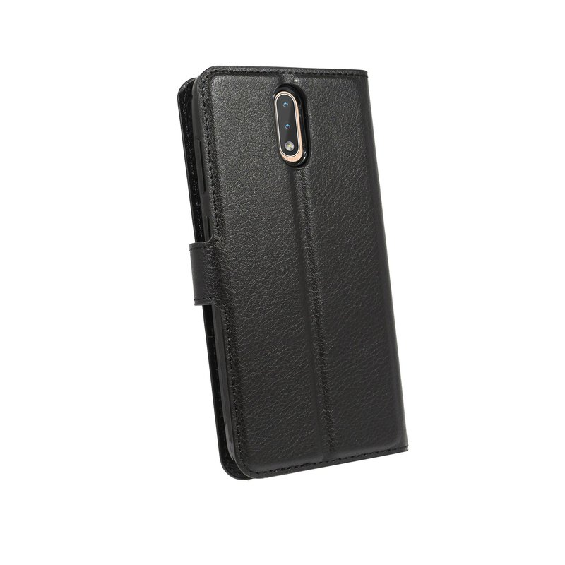 Eine schwarze Handyhülle, geschlossen, mit einem Telefon darin.