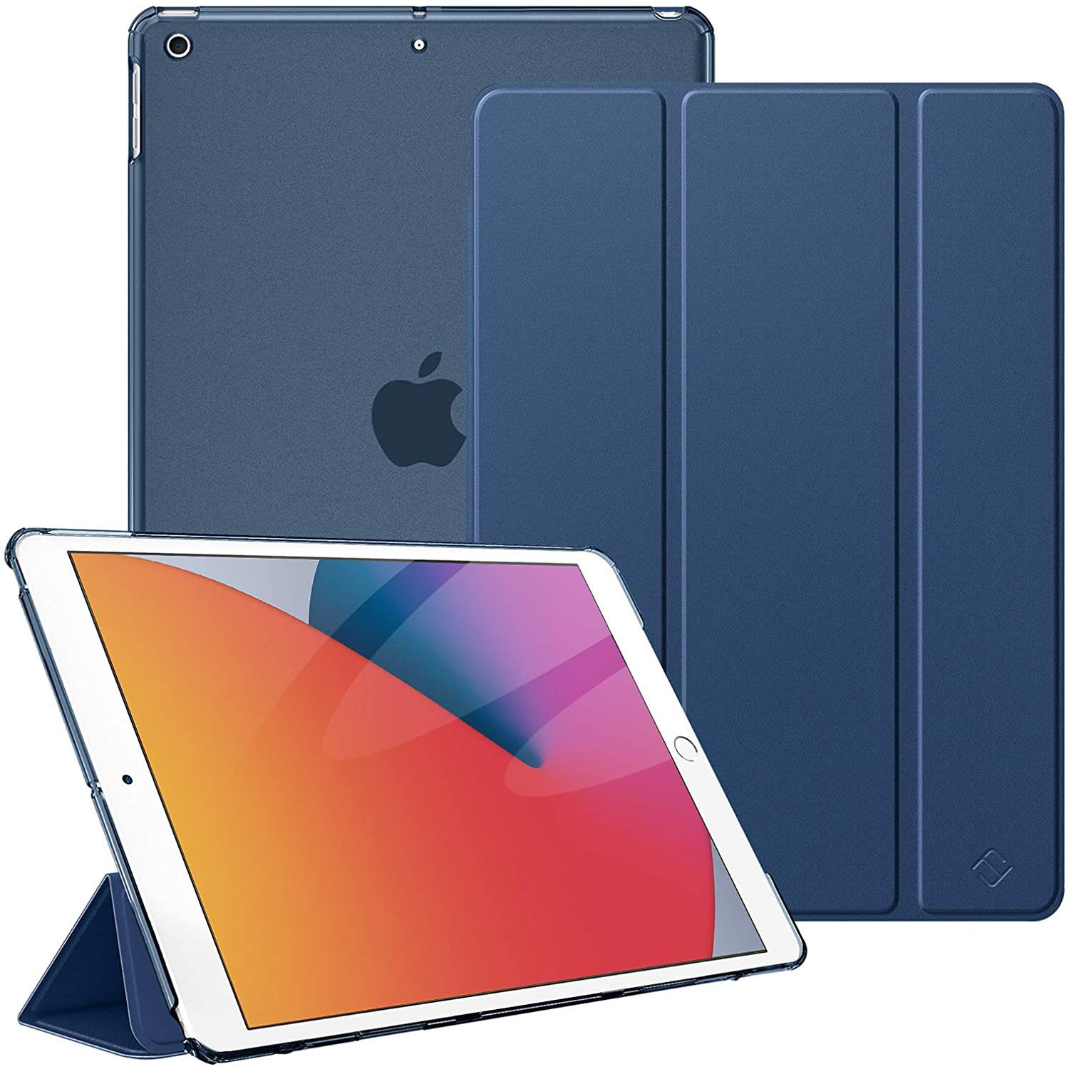 Blaues iPad mit Hülle und Etui, weißer Hintergrund. Der Bildschirm ist orange.