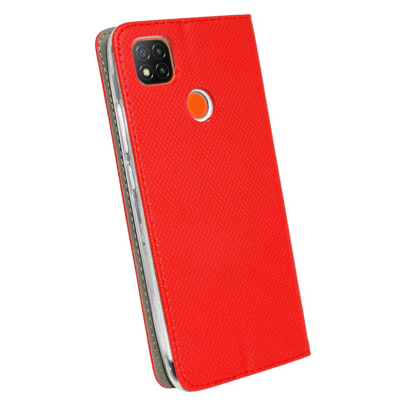 Rote Handyhülle mit Telefon. Die Hülle ist geschlossen.