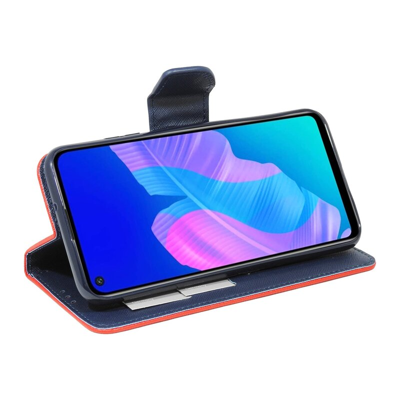 Ein Telefon in einer Hülle, geöffnet, zeigt einen farbenfrohen Bildschirm, mit Marineblau und Orange.