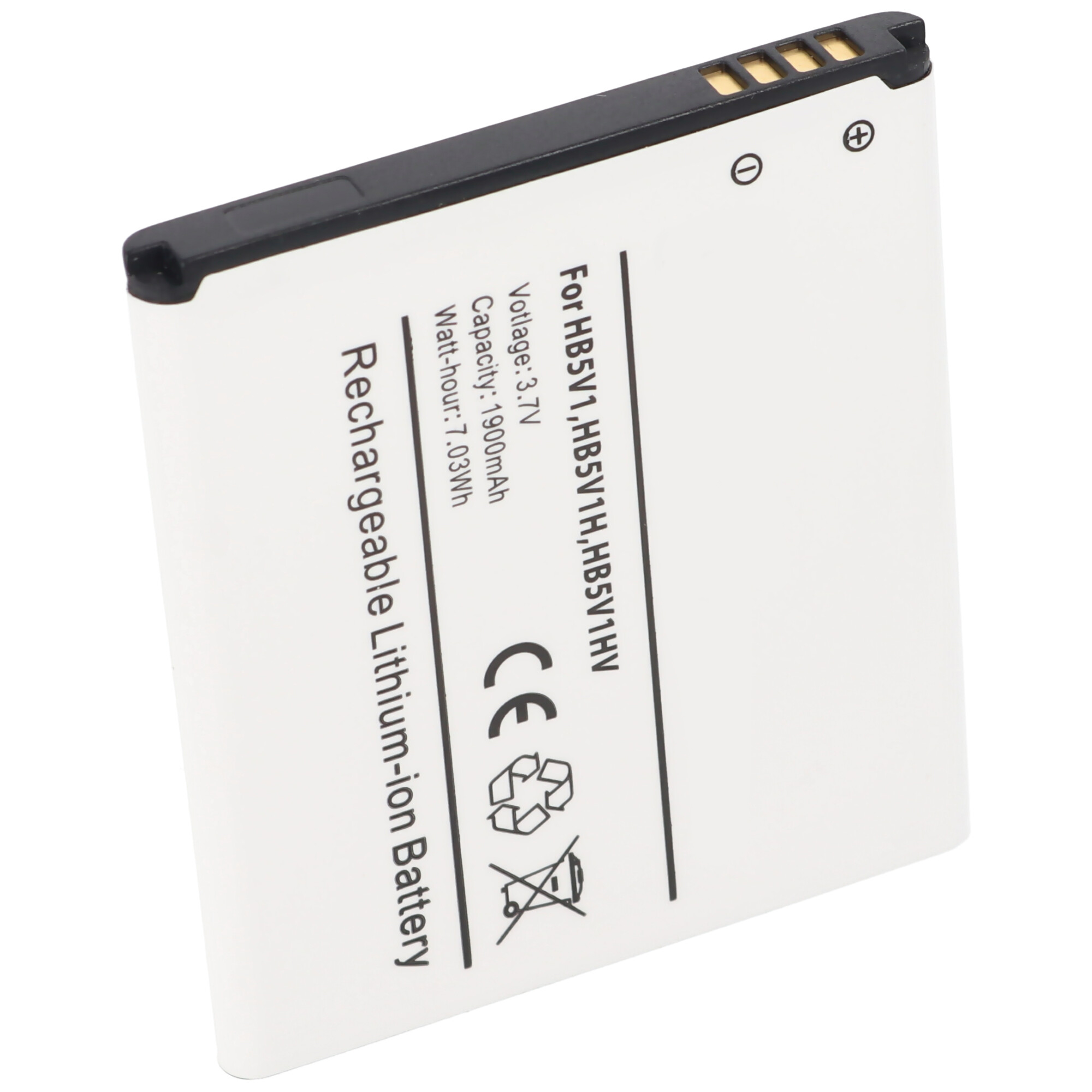 Weiße wiederaufladbare Lithium-Ionen-Batterie mit schwarzem Text und Symbolen. Schräge Ansicht.