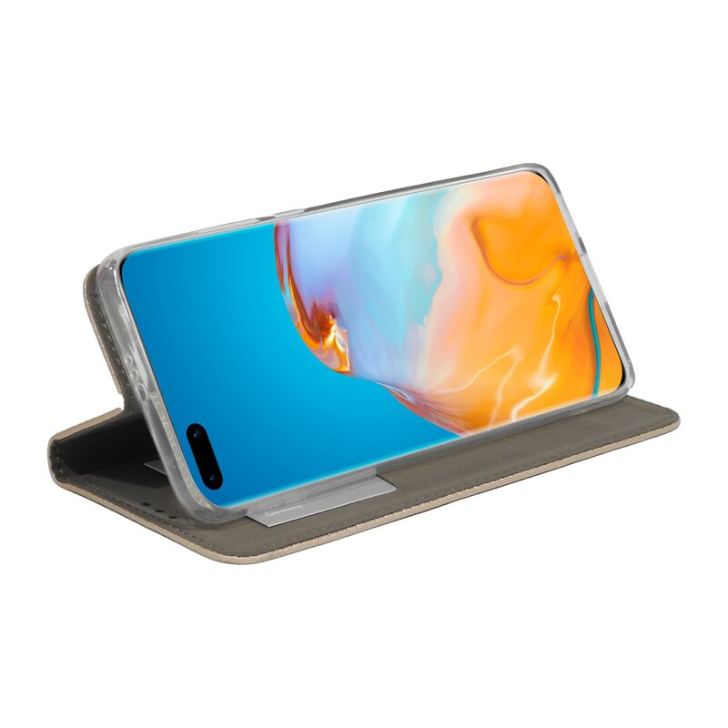Telefon in einer Folio-Hülle, geöffnet auf einem Tisch, zeigt ein farbenfrohes Bild.