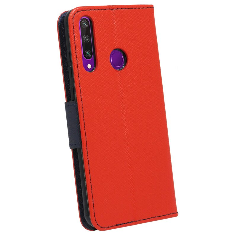 Rote Handyhülle mit geschlossenem Deckel, einem schwarzen Streifen und einem Telefon mit violetter Kameralinse.