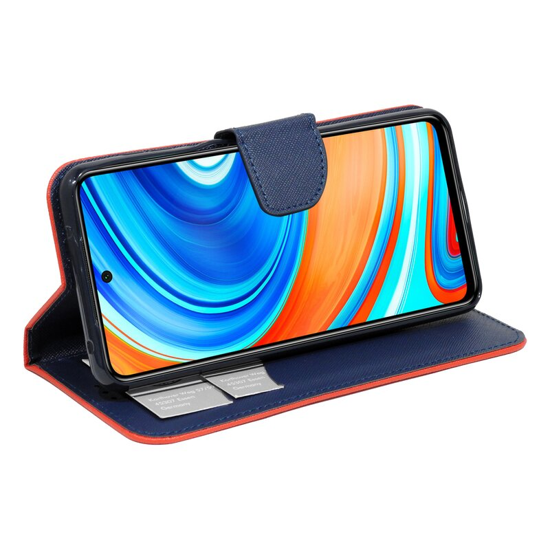 Telefon in Hülle mit farbenfrohem Bildschirm. Hülle blau und orange mit schwarzen Akzenten.