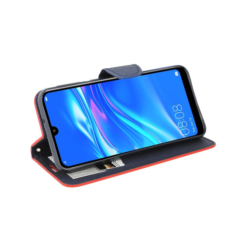 Telefon in offener Hülle. Display zeigt Zeit und Datum. Hülle rot und blau mit Kartenfach.