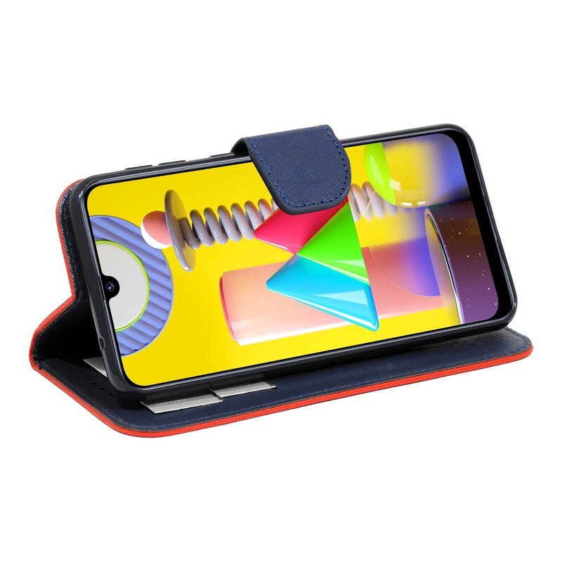 Eine marineblaue Handyhülle mit Telefon, auf gelbem Hintergrund, mit rotem Rand.