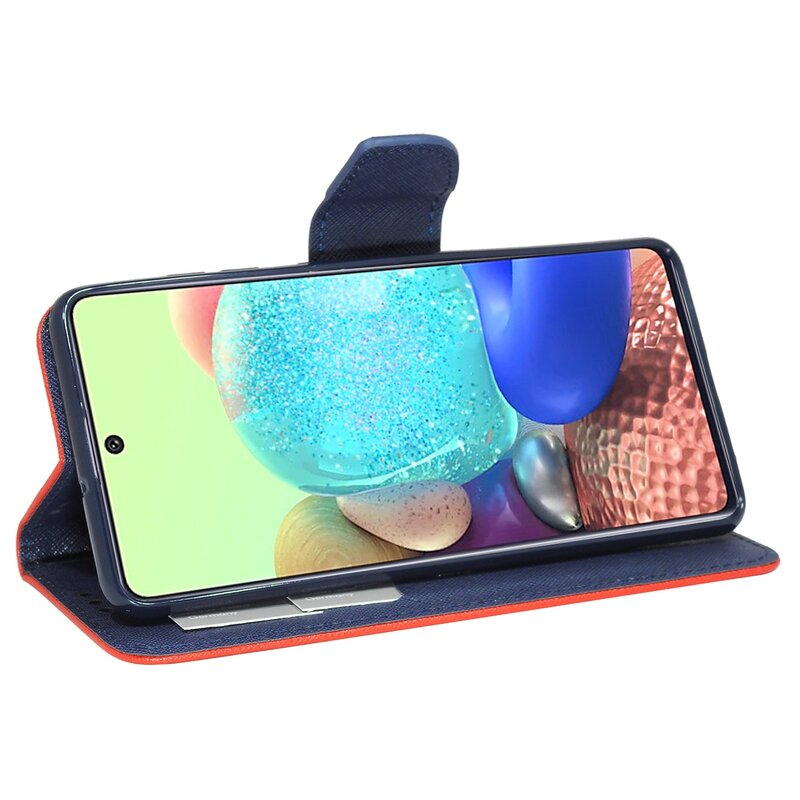 Eine Handyhülle mit einem Telefon darin. Die Hülle ist blau und orange.