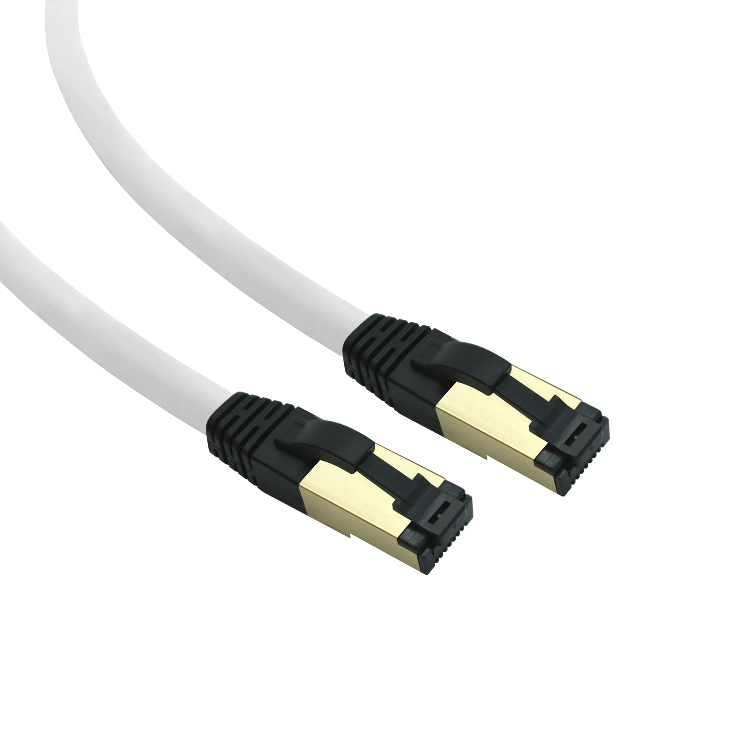 Zwei Ethernet-Kabel mit vergoldeten Steckern, schwarzen Gehäusen und weißem Kabel.