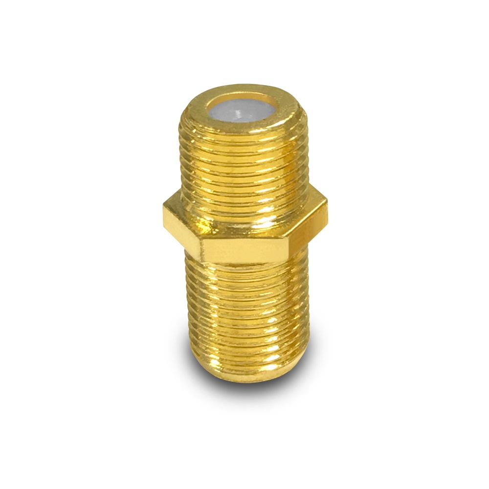 Goldener F-Stecker mit sechseckiger Basis und Gewindeenden. Zum Anschluss von Koaxialkabeln.