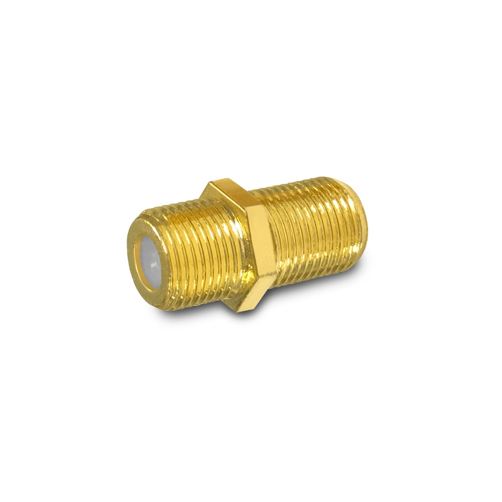 Ein goldener F-Stecker, ein Metallteil zum Verbinden von Koaxialkabeln, auf weißem Hintergrund.