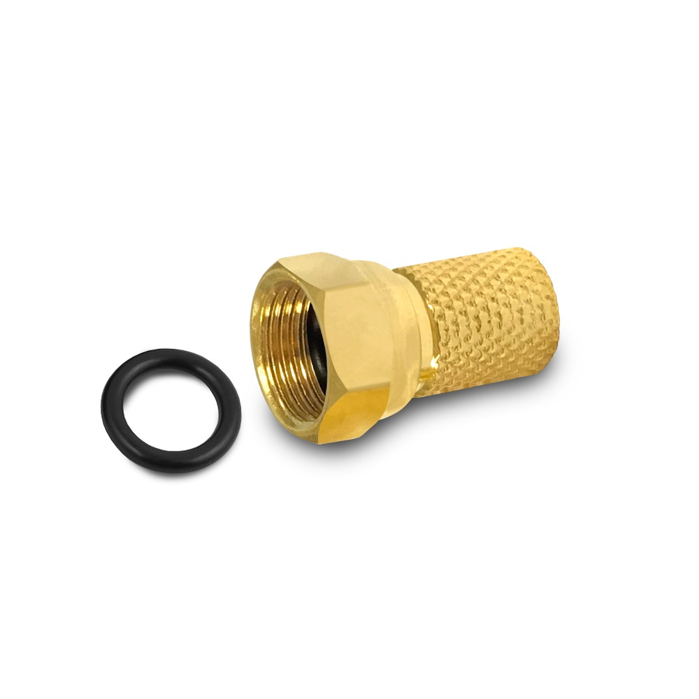Messing-Fitting mit Gewindemutter und O-Ring. Winkelansicht. Weißer Hintergrund.