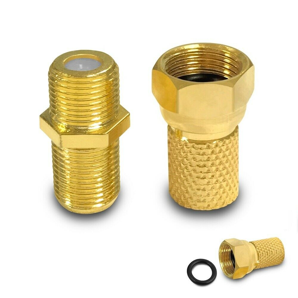 Zwei goldene Verbinder mit Gewinde, einer mit Sechskantform.