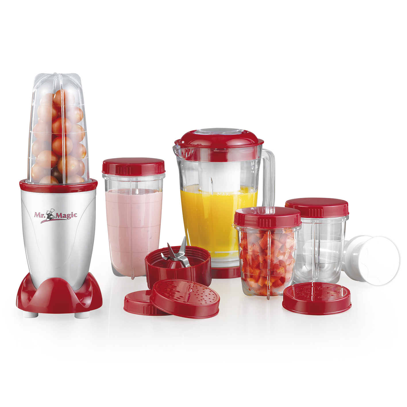 Ein Mixer mit mehreren Behältern, darunter ein Mixbecher mit Tomaten. Rotes und weißes Farbschema.