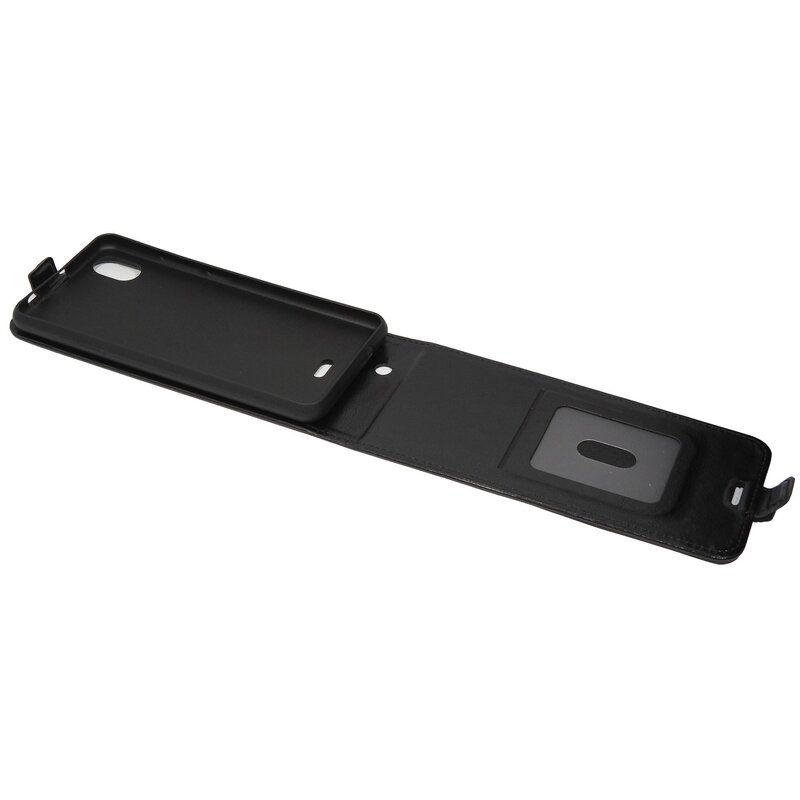 Eine schwarze Handyhülle, offen, mit einem Ausschnitt für ein Telefon. Ein Kartensteckplatz ist sichtbar.