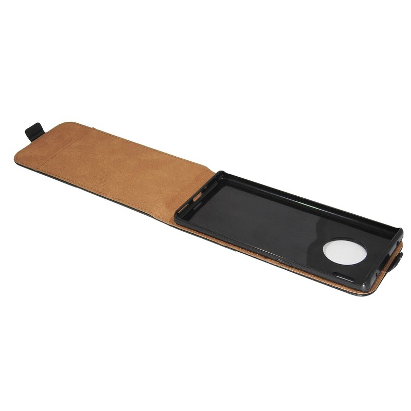 Geöffnete Handyhülle, brauner Innenraum, schwarzer Telefonhalter.