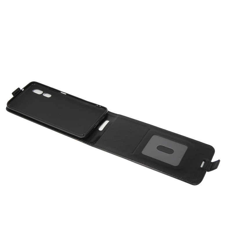 Schwarze Handyhülle mit einem Telefon darin. Die Hülle ist offen, mit einem Fenster für den Bildschirm.