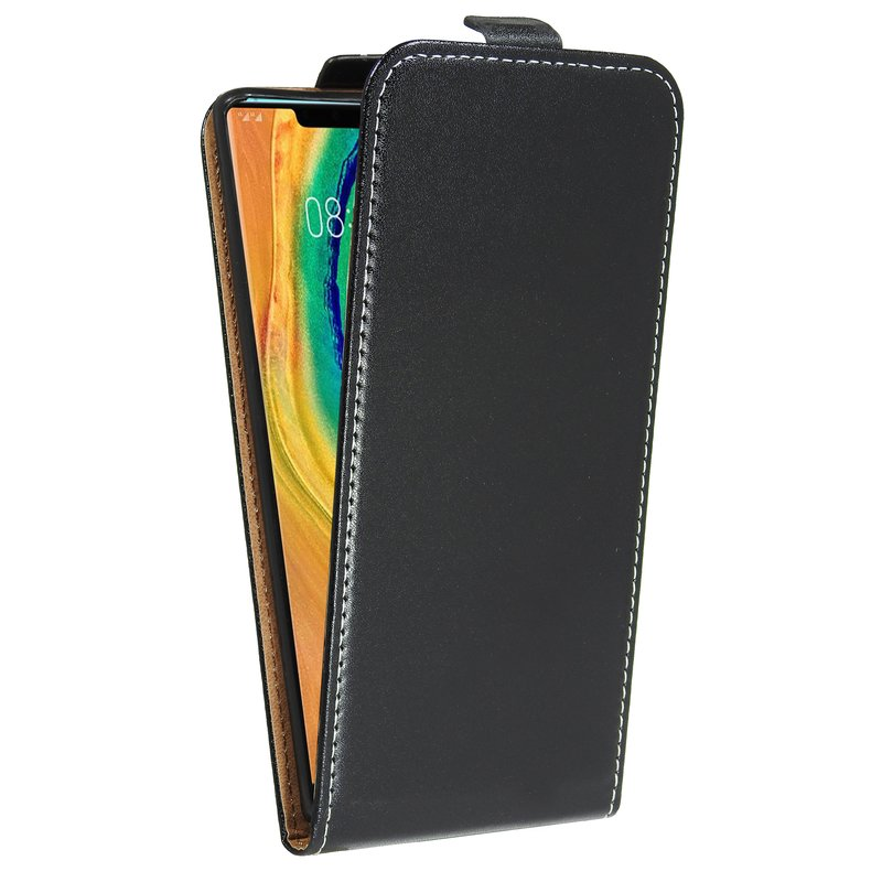 Schwarze Handyhülle mit Telefon darin. Zeigt den Bildschirm des Telefons. Weiße Nähte am Rand.
