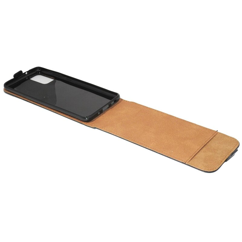 Geöffnete Handyhülle, die Innenseite mit montiertem Telefon zeigend. Es ist braun und schwarz.