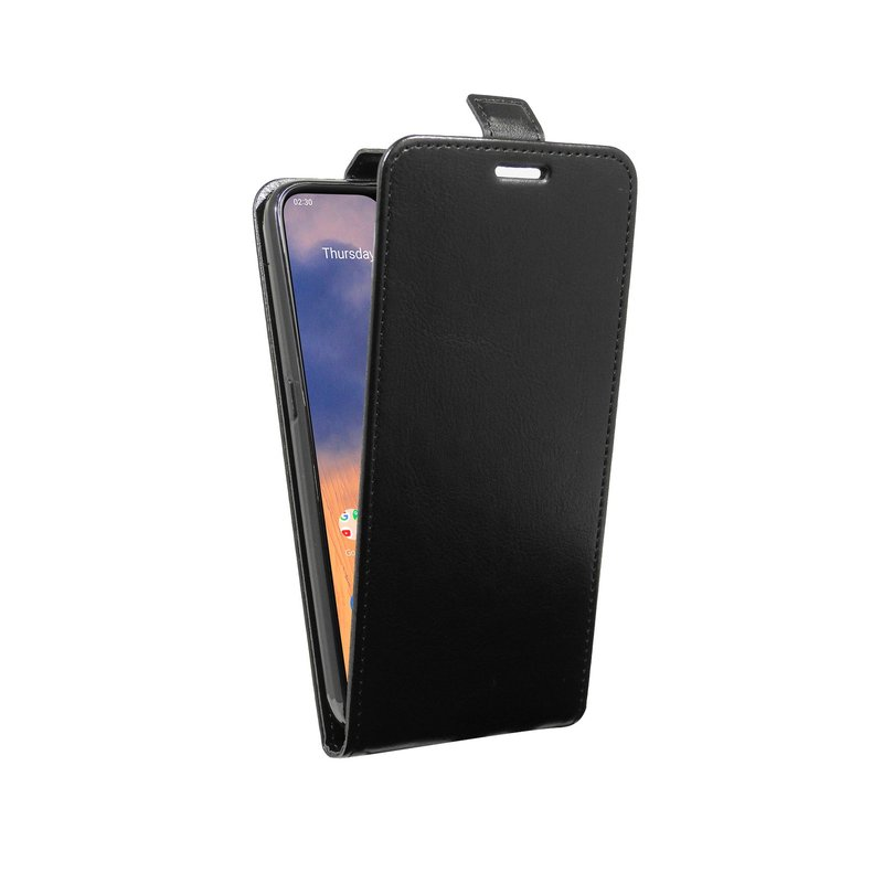 Ein schwarzes Telefon in einer schwarzen Hülle. Der Telefonbildschirm zeigt das Wort 'Donnerstag'. Die Hülle ist offen.