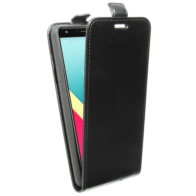 Schwarze Handyhülle, geöffnet, hält ein Telefon. Telefon-Bildschirm sichtbar.