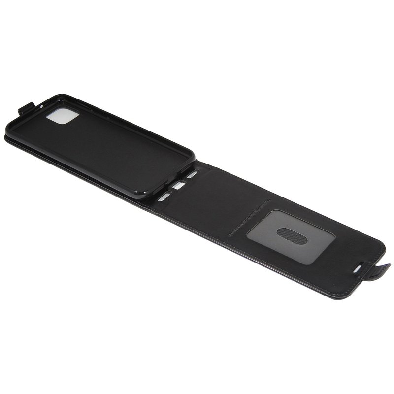 Eine schwarze Handyhülle mit Klappdeckel, die einen Kartensteckplatz und Platz für ein Telefon zeigt.
