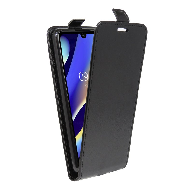 Schwarze Handyhülle mit einem darin sichtbaren Telefon. Der Telefonbildschirm ist an.