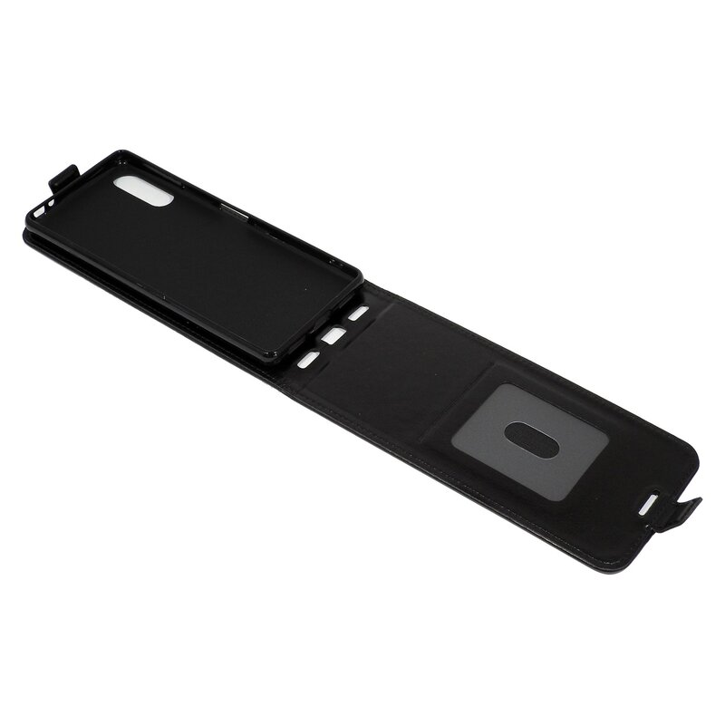 Schwarze Handyhülle, offen, mit Telefonhalterung und Kartenfach sichtbar.