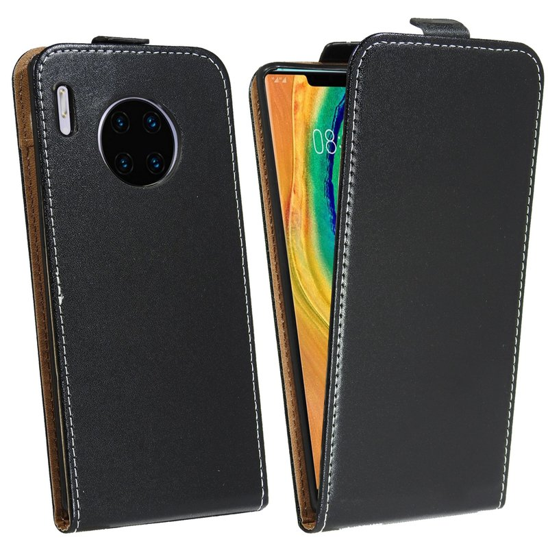 Offene schwarze Handyhülle mit einem Telefon darin. Das Telefon hat eine kreisförmige Kamera auf der Rückseite.