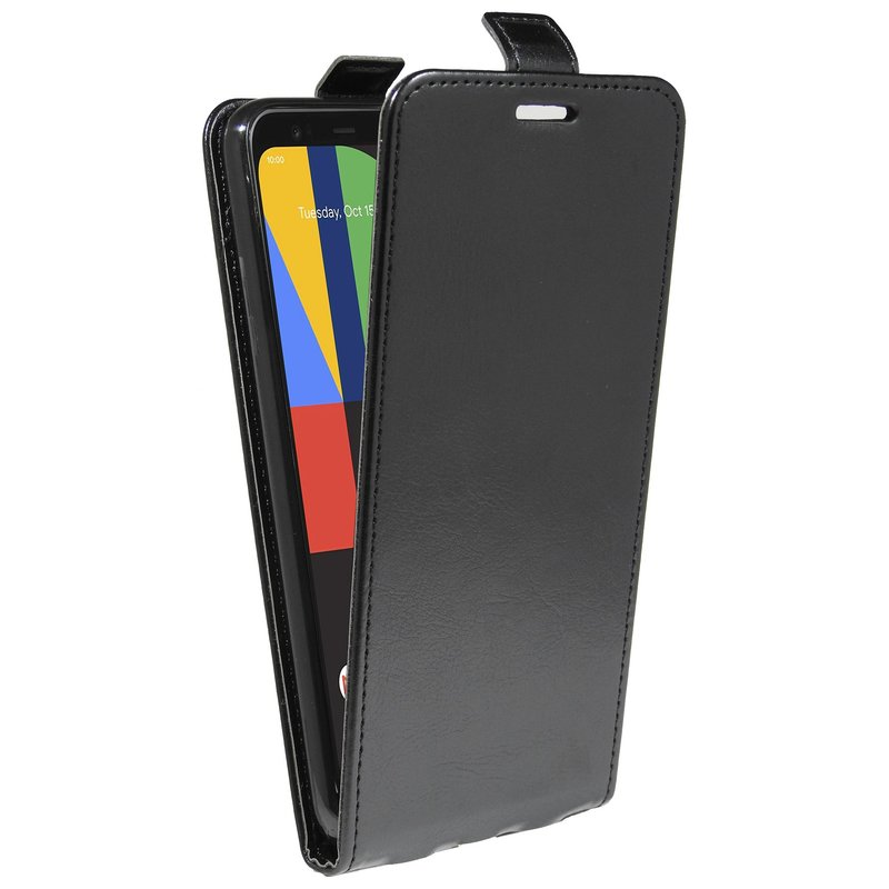 Eine schwarze Handyhülle ist geöffnet und zeigt ein Handy mit farbenfrohem Display.