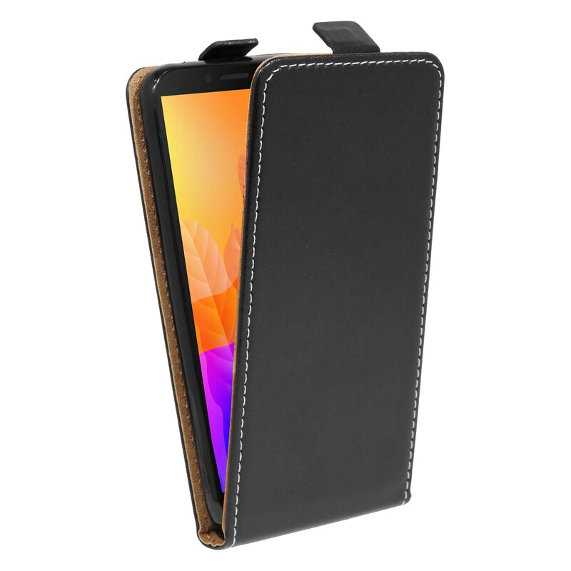 Schwarze Handyhülle mit Telefon darin. Der Bildschirm zeigt ein farbenfrohes Hintergrundbild. Die Hülle ist offen.