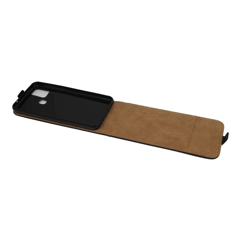 Ein Smartphone in einer Lederhülle. Das Etui ist geöffnet und zeigt den Rahmen des Telefons. Braunes Innere.