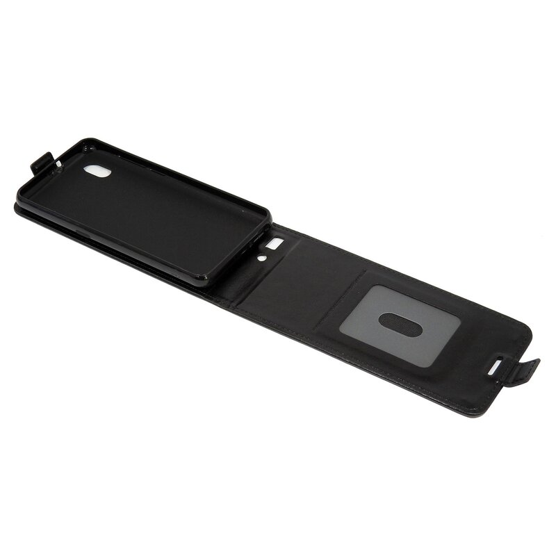 Schwarze Handyhülle, offen, mit einem schwarzen Telefon darin. Die Hülle ist offen, das Telefon sichtbar.