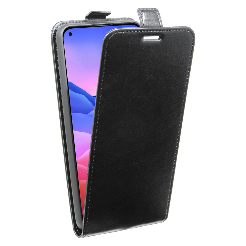 Geöffnete schwarze Handyhülle, die ein Telefon zeigt. Das Telefon ist teilweise sichtbar.