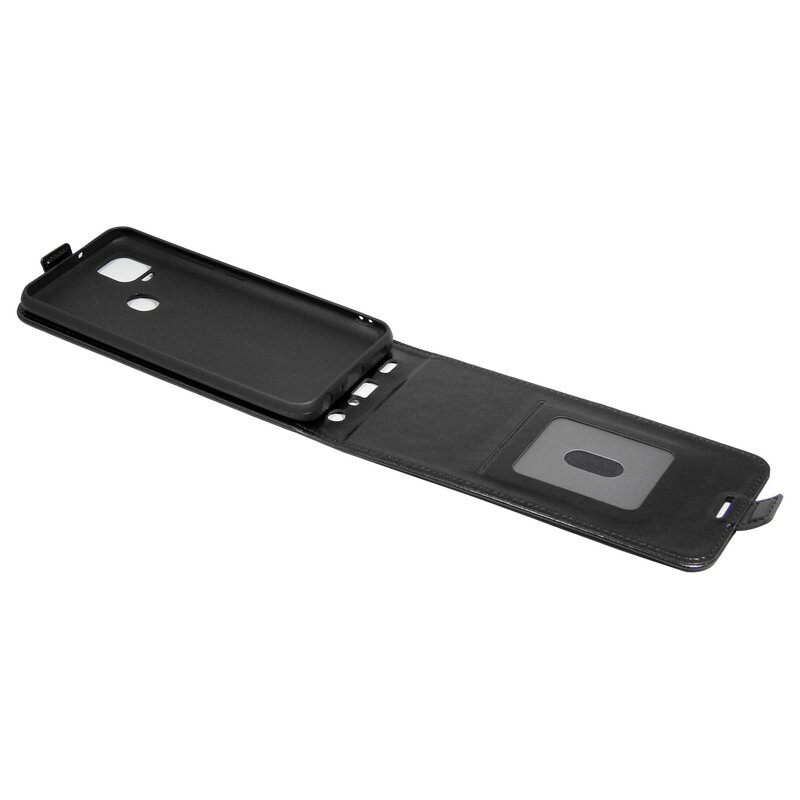 Geöffnete schwarze Handyhülle mit schwarzer Innenhülle. Die Hülle ist aus Leder.
