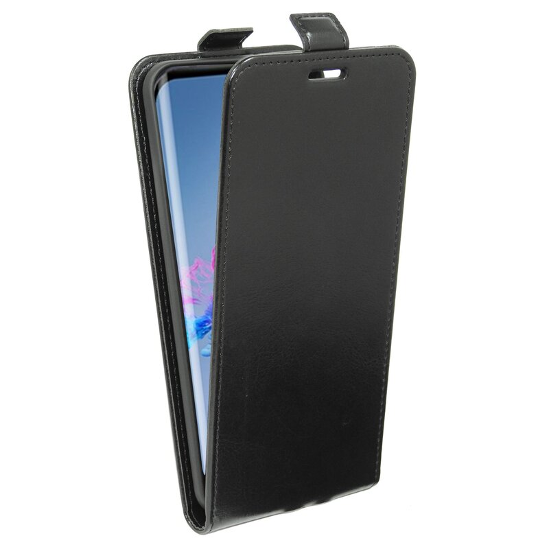 Schwarze Handyhülle, offen, mit Telefon, das den Bildschirm zeigt.