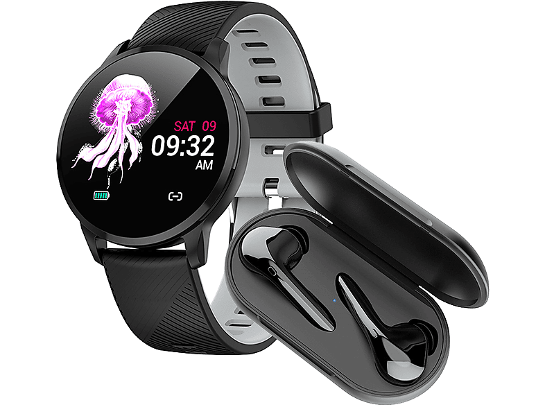 LOOKIT S16 + CZ5 In Ear Kopfhörer Smartwatch, Fitnesstracker, Fitnessuhr, Sportuhren, Sportuhr Silikon, grau