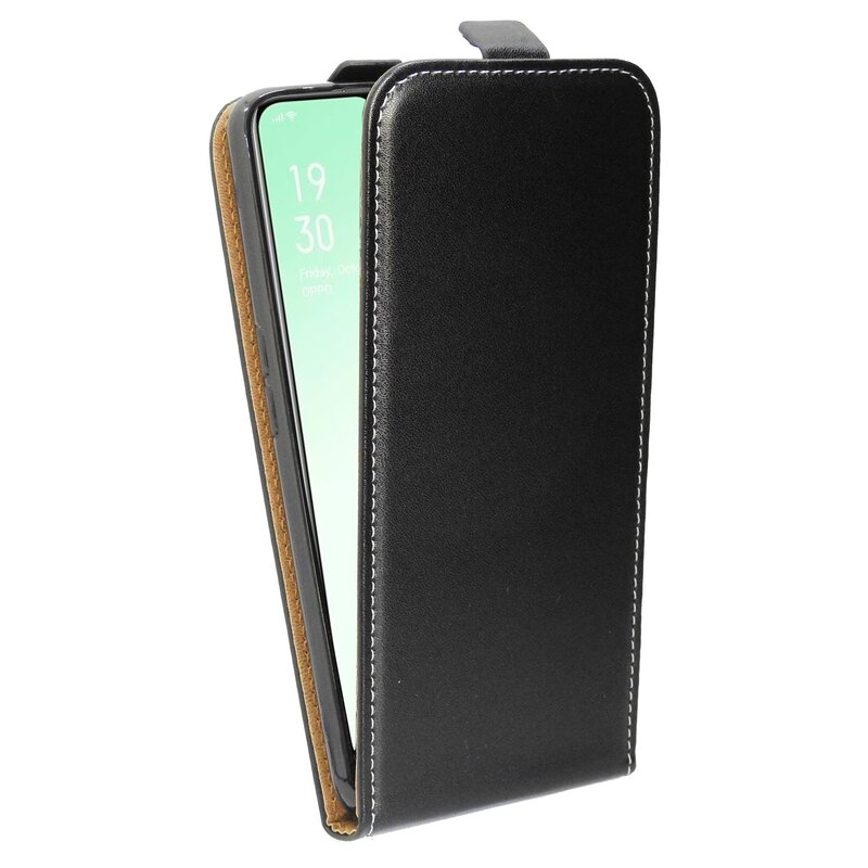 Schwarze Handyhülle mit einem Telefon darin, leicht geöffnet. Die Innenseite ist beige mit weißen Nähten.