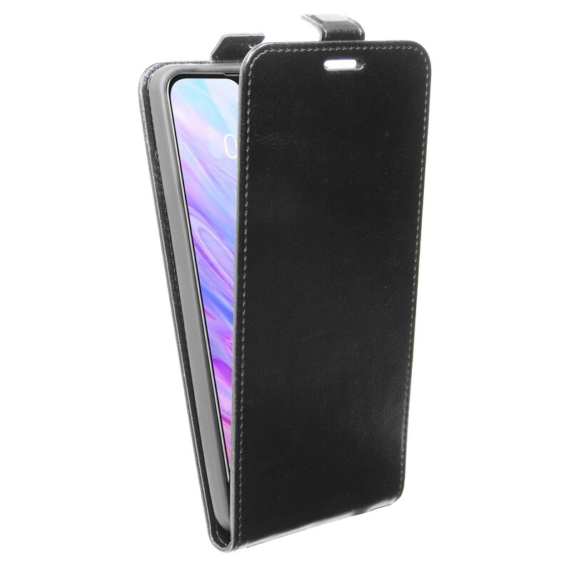 Schwarze Handyhülle mit Telefon im Inneren, auf weißem Hintergrund. Der Bildschirm ist sichtbar.