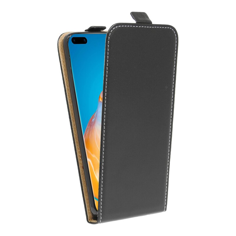 Schwarze Handyhülle, offen, mit blauem Telefonbildschirm. Weißer Hintergrund.