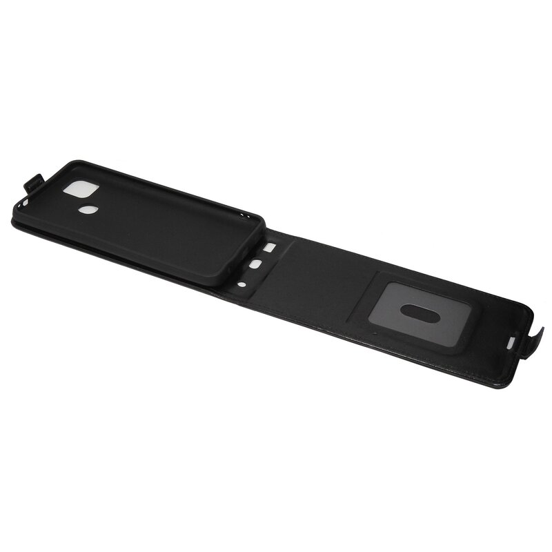 Schwarze Handyhülle, offen, mit Handyhalter und Kartenfach.