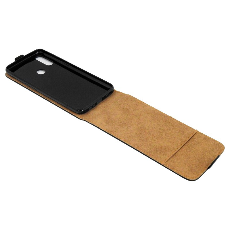 Geöffnete Handyhülle, Telefonhalter sichtbar. Braunes Kunstleder mit Halter.
