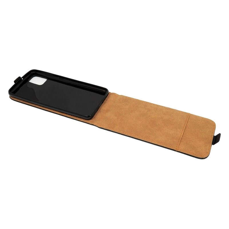Offene braune Handyhülle mit schwarzem Telefonhalter.