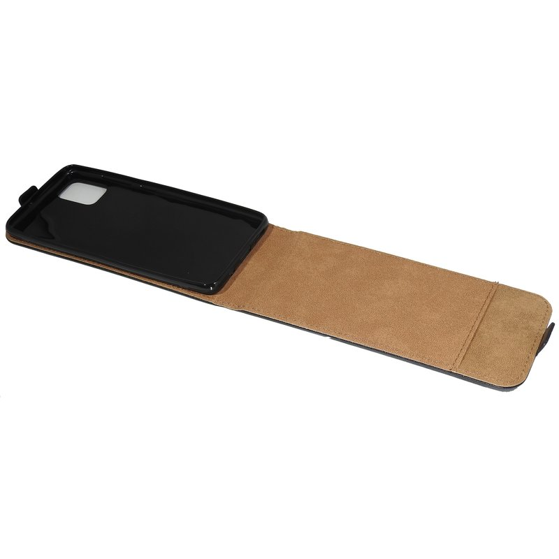 Offene Handyhülle mit schwarzem Handyhalter und beigem Innenraum. Die Hülle ist leer.