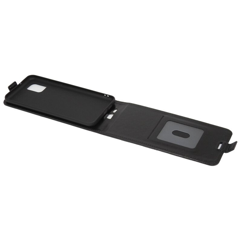 Offene Handyhülle, Innenansicht. Schwarz mit Kartenfach und Telefonhalter.