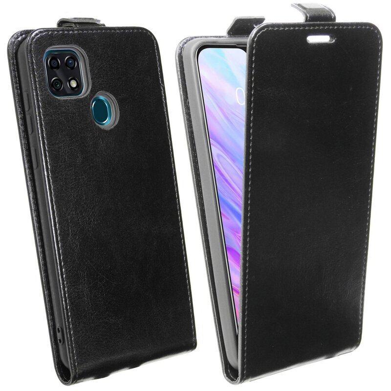 Schwarze Leder-Handyhülle, offen, um ein Telefon zu zeigen. Der Fall ist auf einer weißen Oberfläche.