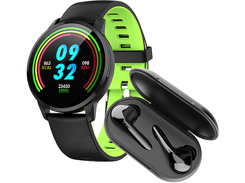 LOOKIT S16 + CZ5 In Ear Kopfhörer Smartwatch, Fitnesstracker, Fitnessuhr, Sportuhren, Sportuhr Silikon, grün