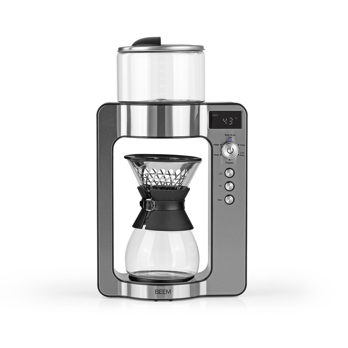 Caffettiera argento e nera. Caraffa in vetro, filtro nero e display digitale visibili.
